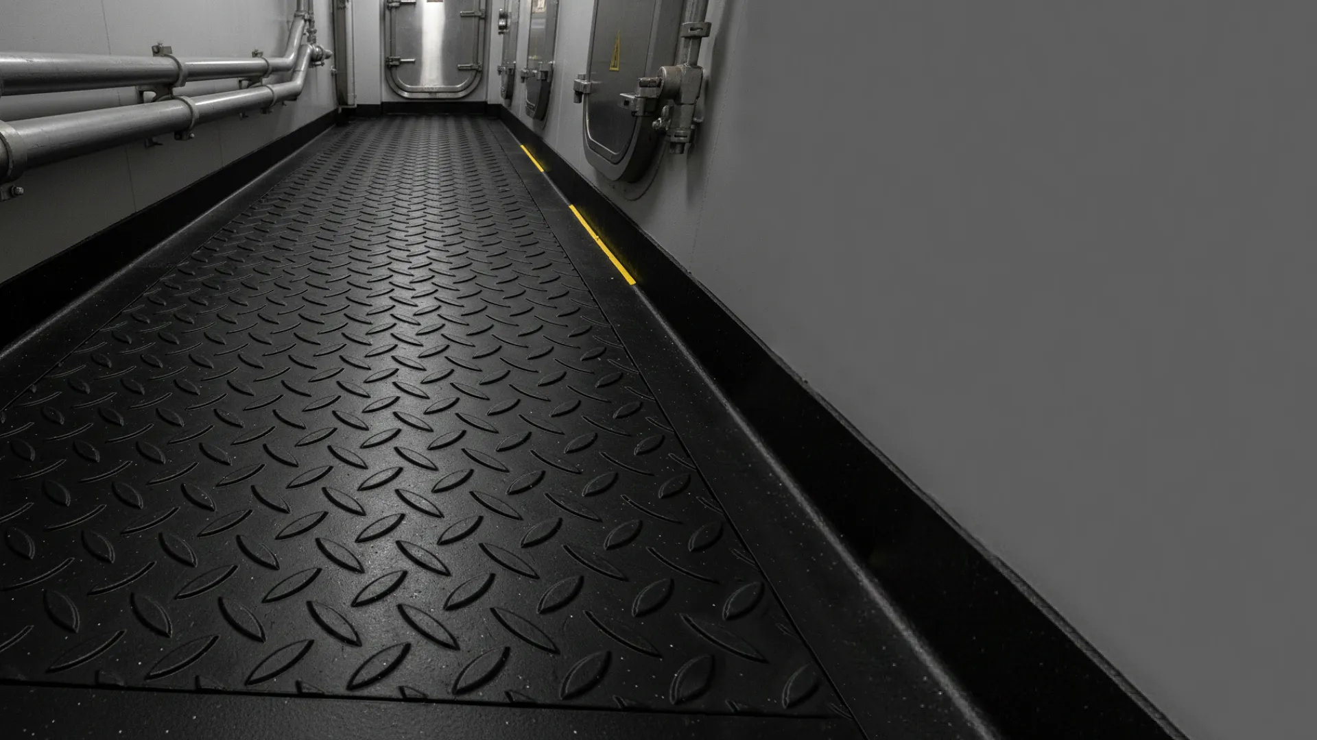 Certified anti-slip rubber diamond plate flooring in a ship corridor. The floor covering is designed for high-traffic and wet marine environments.