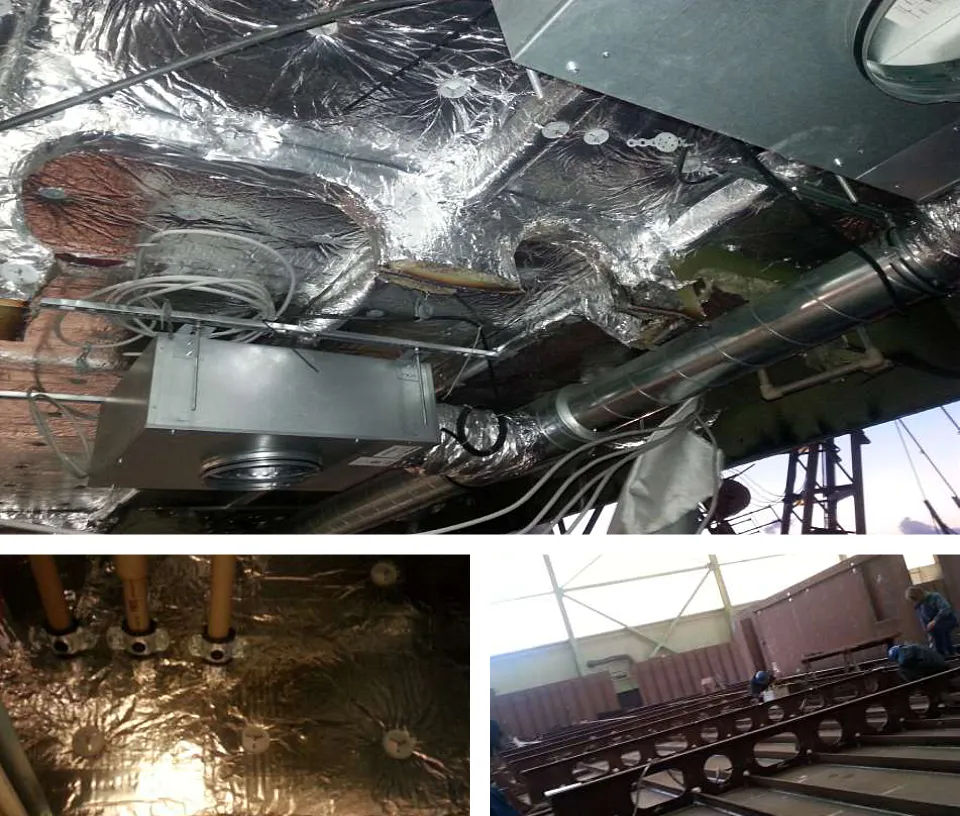 Photos documenting marine and offshore insulation work, including pipe and ventilation duct wrapping and sealing on an offshore unit.