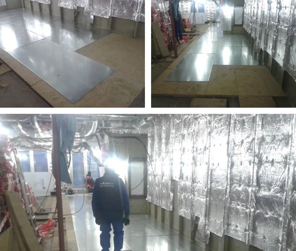 Collage showing the installation of certified fire-resistant mineral wool insulation in various ship compartments and public areas
