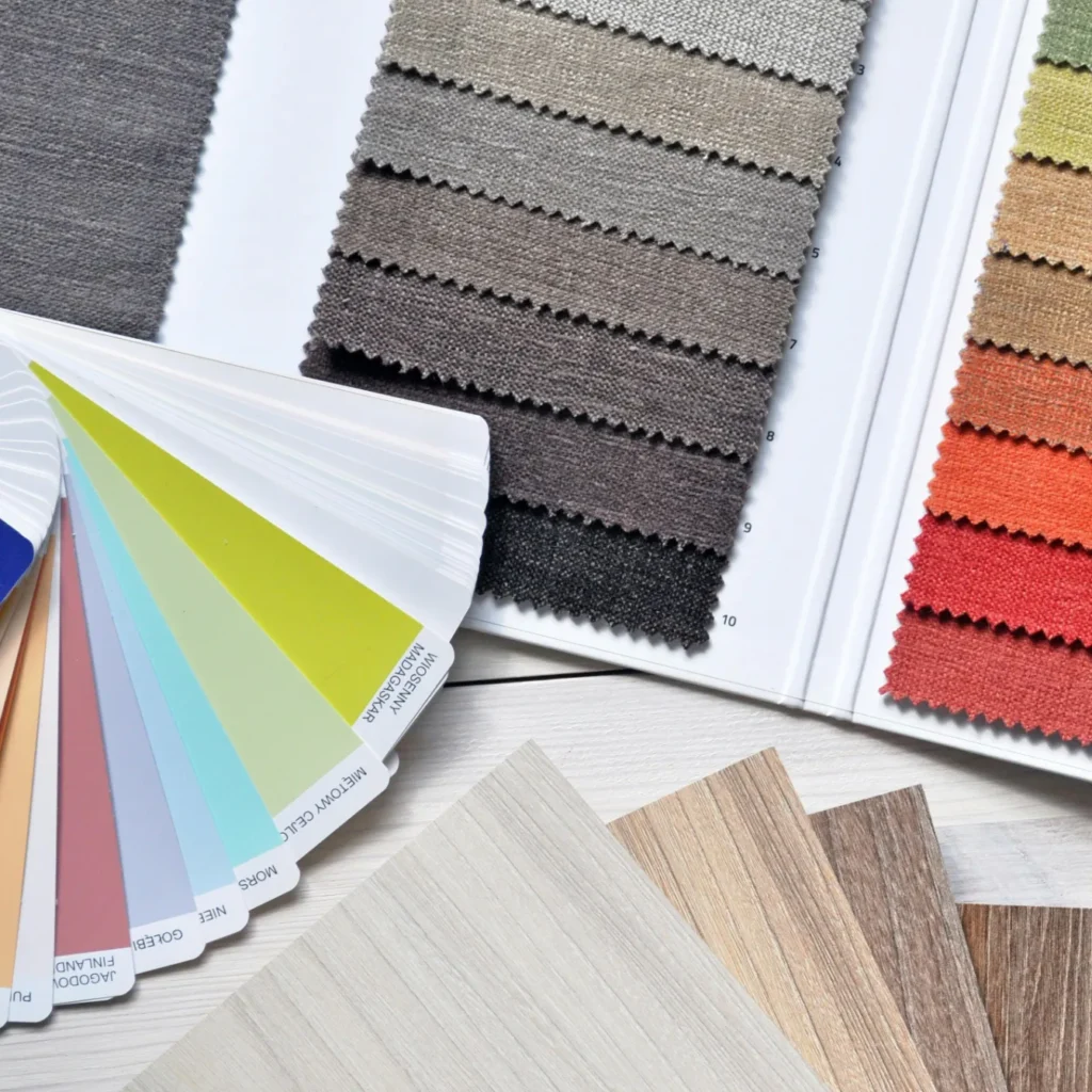 Certified marine materials selection: upholstery, wood veneers and color swatches for ship interiors.