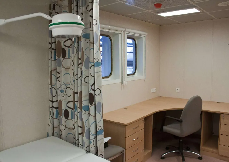 Interior outfitting of a certified marine medical facility on an offshore rig.