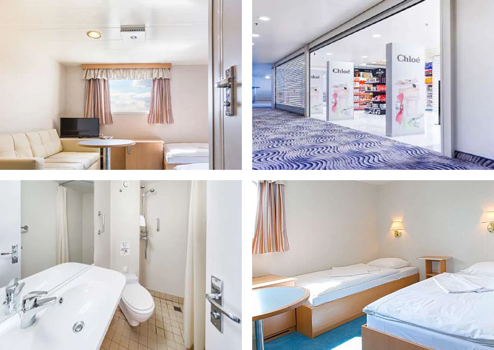 Comprehensive Marine Interiors outfitting: functional passenger cabins and bespoke retail spaces, including duty-free shops on modern ferries.