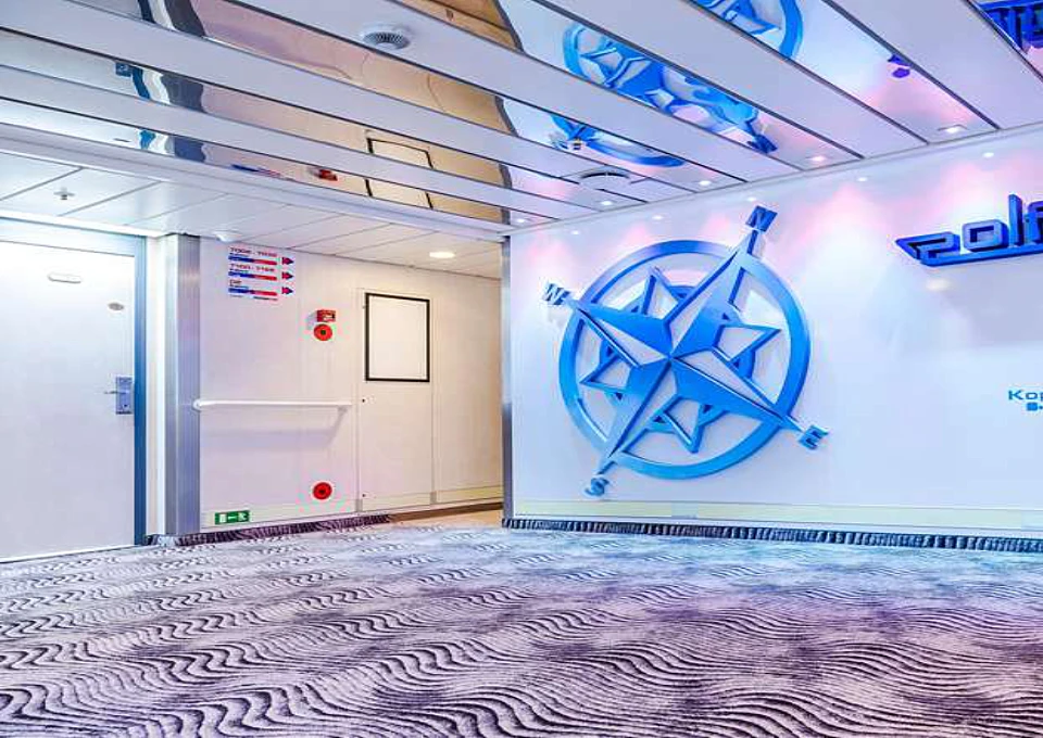 Outfitting of public areas and corridors on a passenger ferry with fire-retardant marine materials.