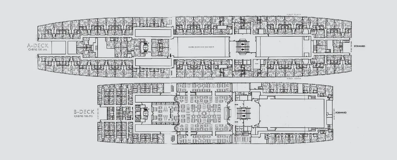 Detailed engineering plans showing the technical layout and arrangement of a vessel's deck.