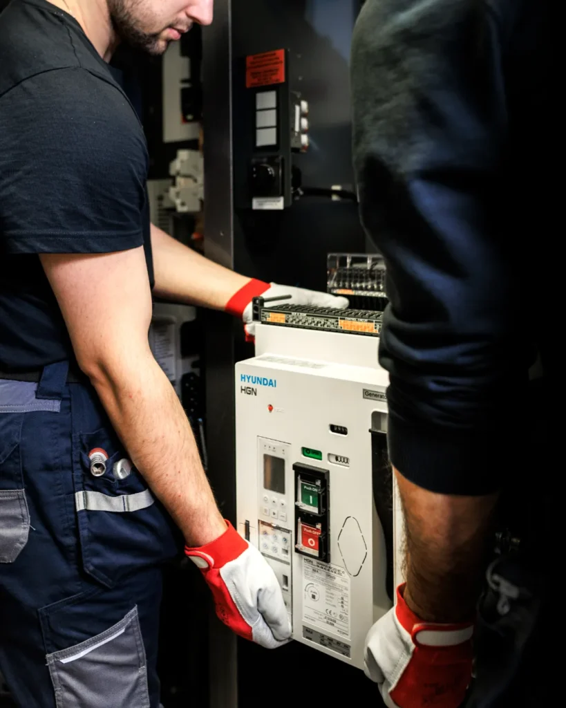 Marine service engineer inspecting and testing a Hyundai Air Circuit Breaker (ACB) on a ship's main switchboard.