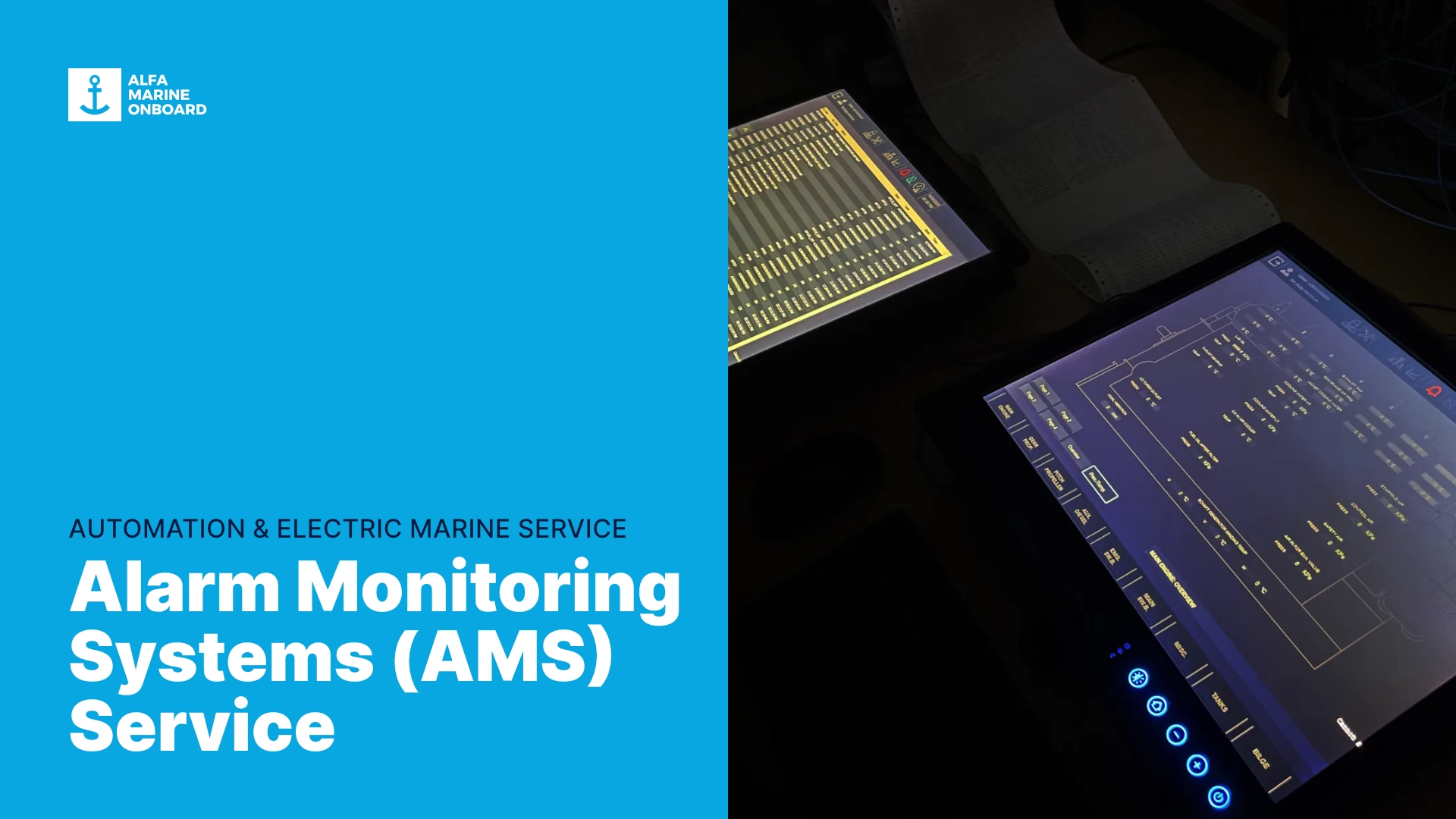 Alfa Marine OnBoard engineer testing and calibrating a digital Marine Alarm Monitoring System (AMS) workstation.