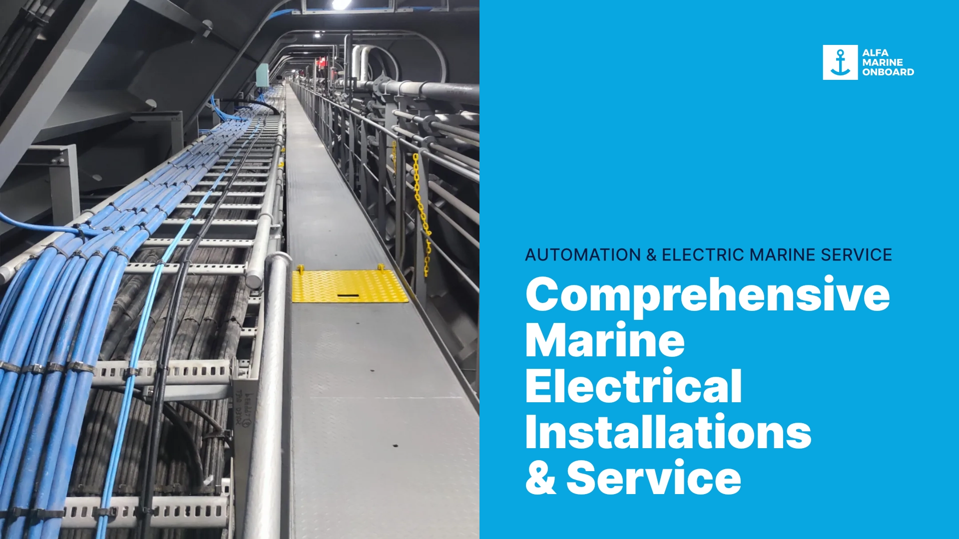 Professional marine electrical cable tray installation on a vessel, showcasing tidy cabling and industrial wiring standards. Alfa OnBoard offer Marine Electrical Installations & Service